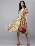 Janasya Women's Yellow Georgette Digital Printed Flared Casual Dress