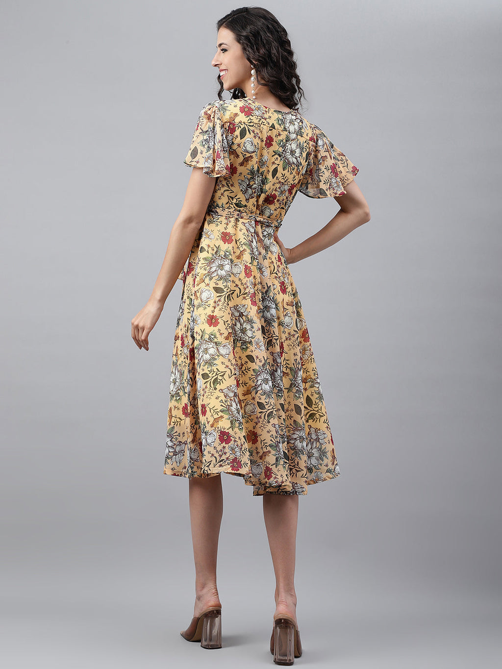 Janasya Women's Yellow Georgette Digital Printed Flared Casual Dress
