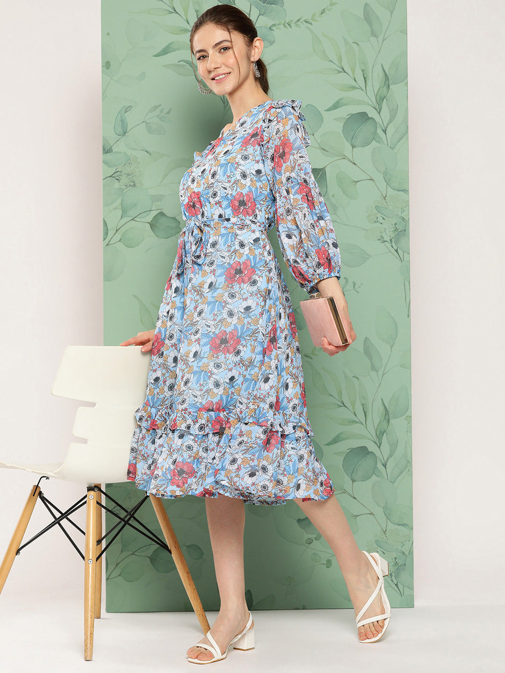 Janasya Women's Sky Blue Georgette Digital Printed A Line Casual Dress