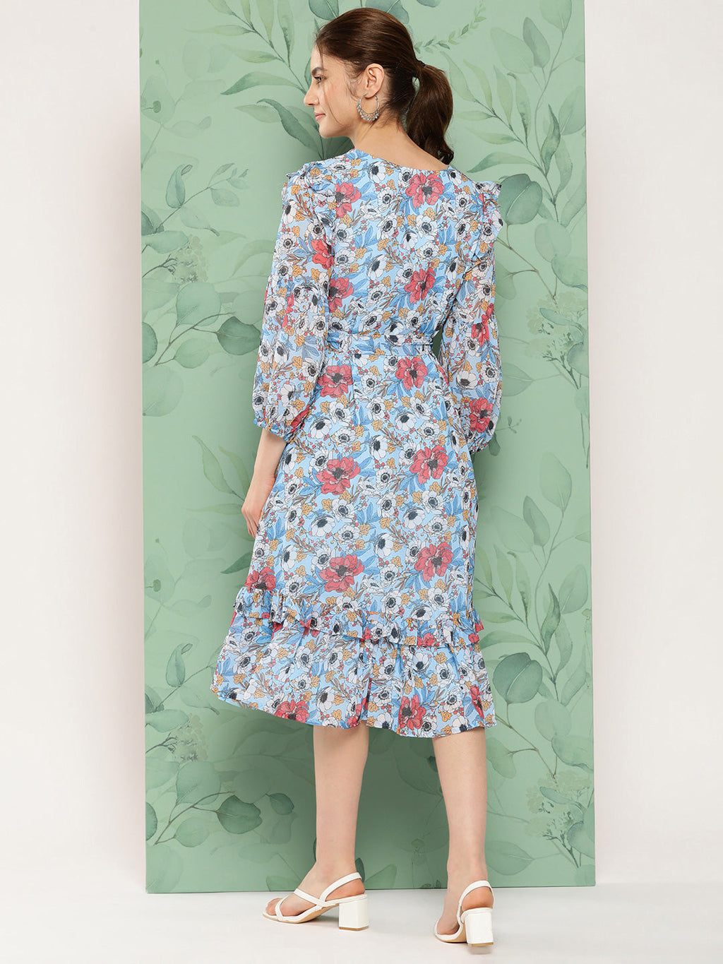 Janasya Women's Sky Blue Georgette Digital Printed A Line Casual Dress