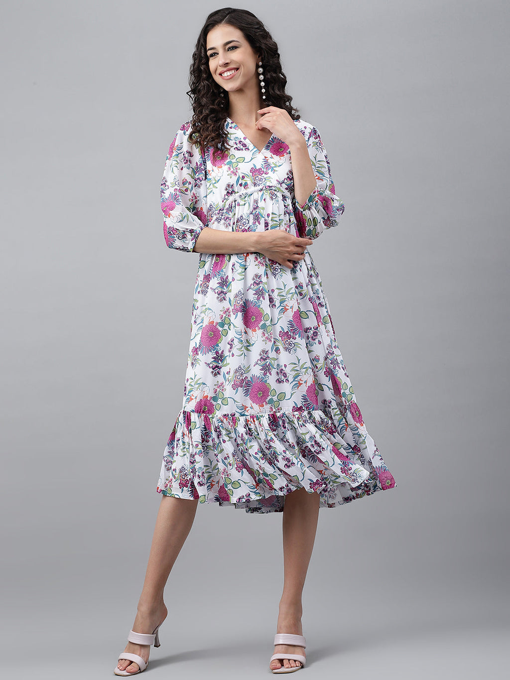 Janasya Women's White Georgette Digital Printed Flared Casual Dress