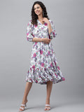 Janasya Women's White Georgette Digital Printed Flared Casual Dress