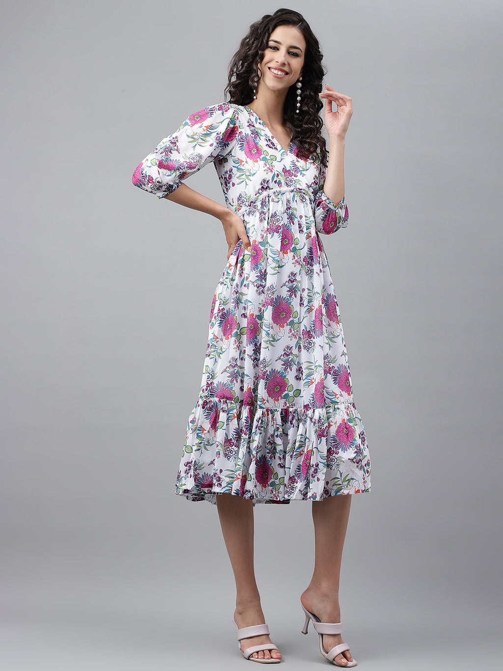 Janasya Women's White Georgette Digital Printed Flared Casual Dress