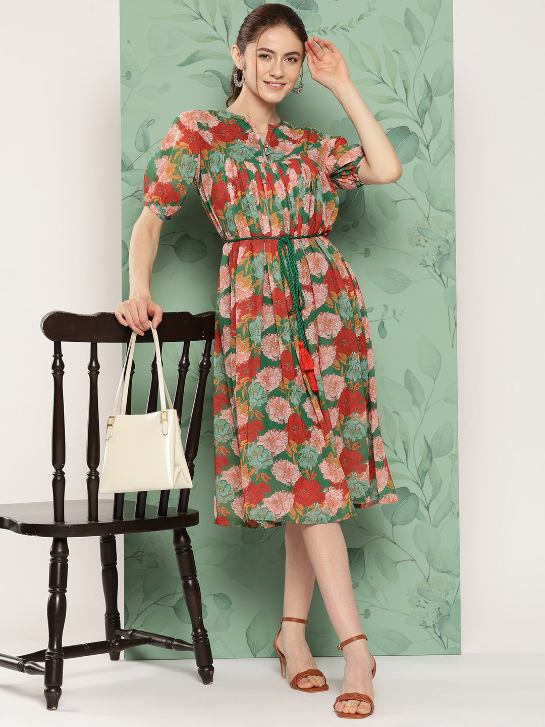 Janasya Women's Green Georgette Digital Printed Empire Casual Dress