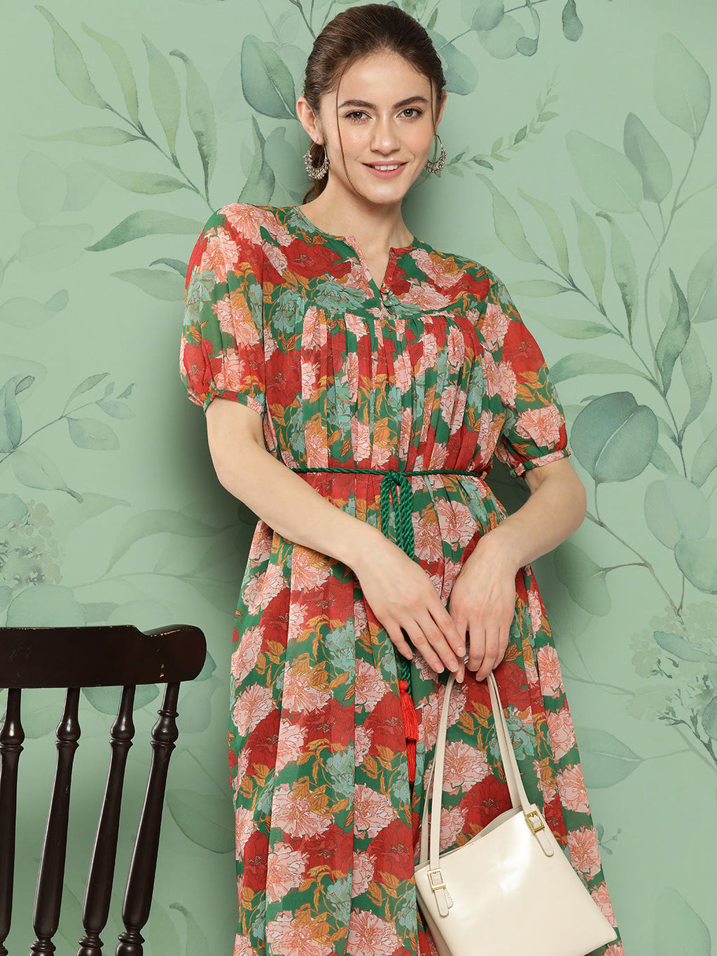 Janasya Women's Green Georgette Digital Printed Empire Casual Dress