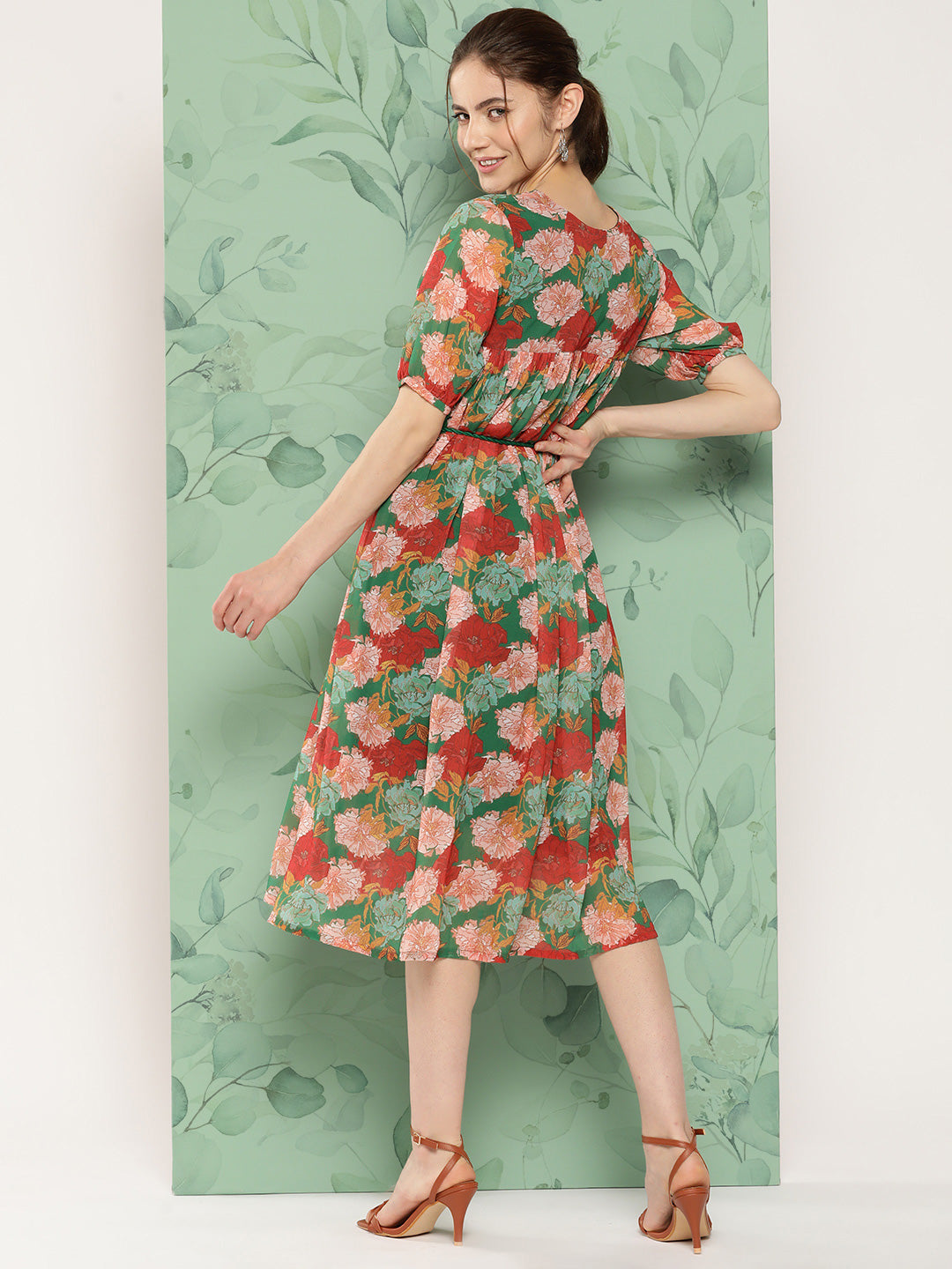 Janasya Women's Green Georgette Digital Printed Empire Casual Dress
