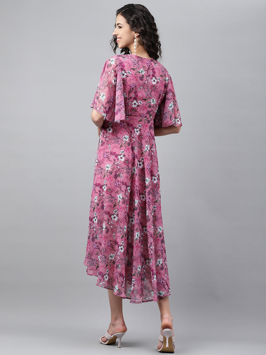 Janasya Women's Pink Georgette Digital Printed Wrap Casual Dress