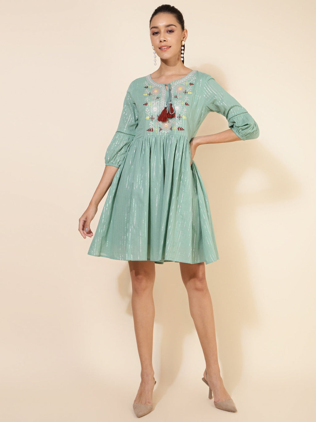 Janasya Women's Green Cotton Yoke Embroidery Casual Dress