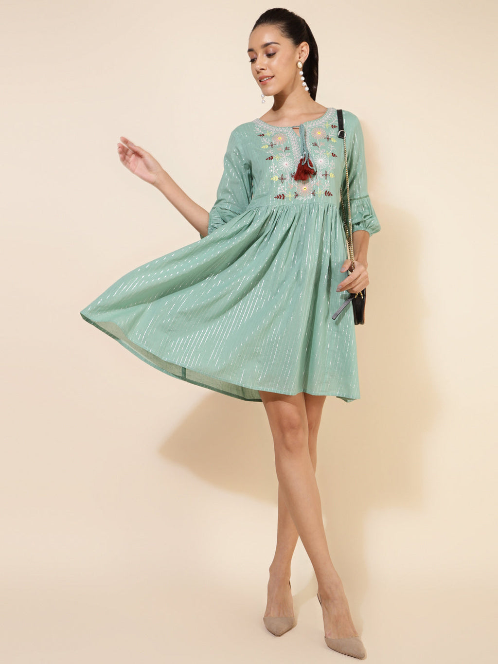 Janasya Women's Green Cotton Yoke Embroidery Casual Dress