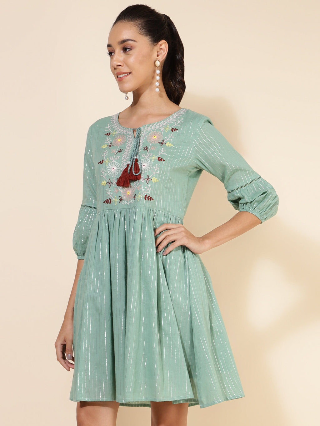 Janasya Women's Green Cotton Yoke Embroidery Casual Dress