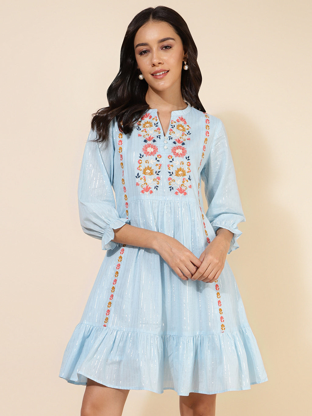 Janasya Women's Sky Blue Cotton Embroidery Casual Dress