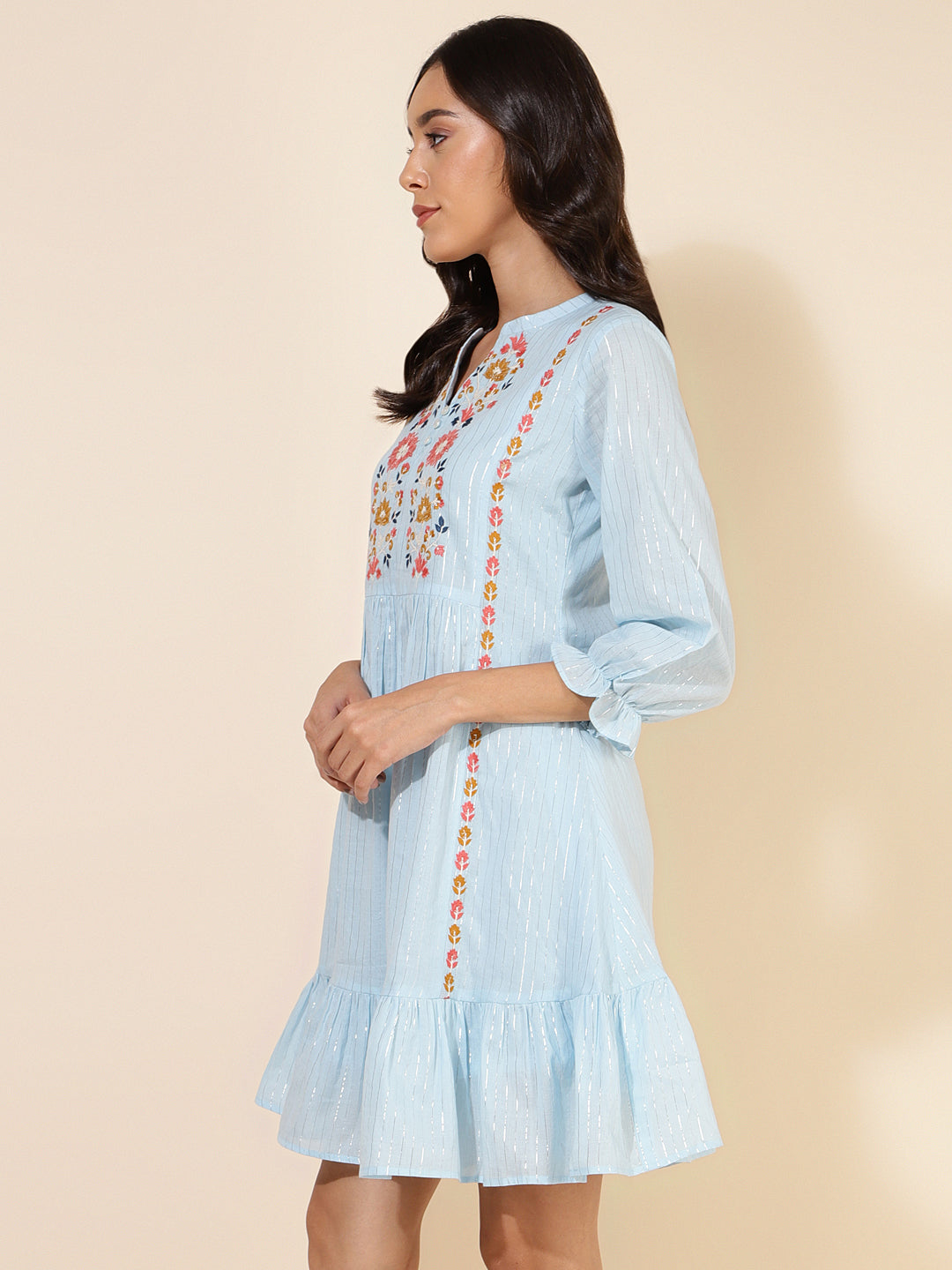 Janasya Women's Sky Blue Cotton Embroidery Casual Dress