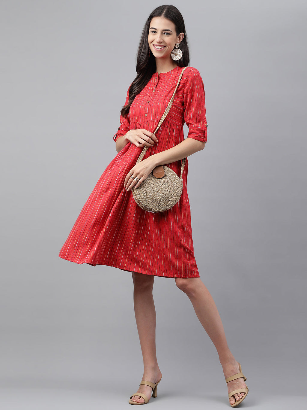 Janasya Women's Red Cotton Woven Design Flared Casual Dress