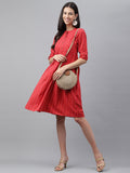 Janasya Women's Red Cotton Woven Design Flared Casual Dress