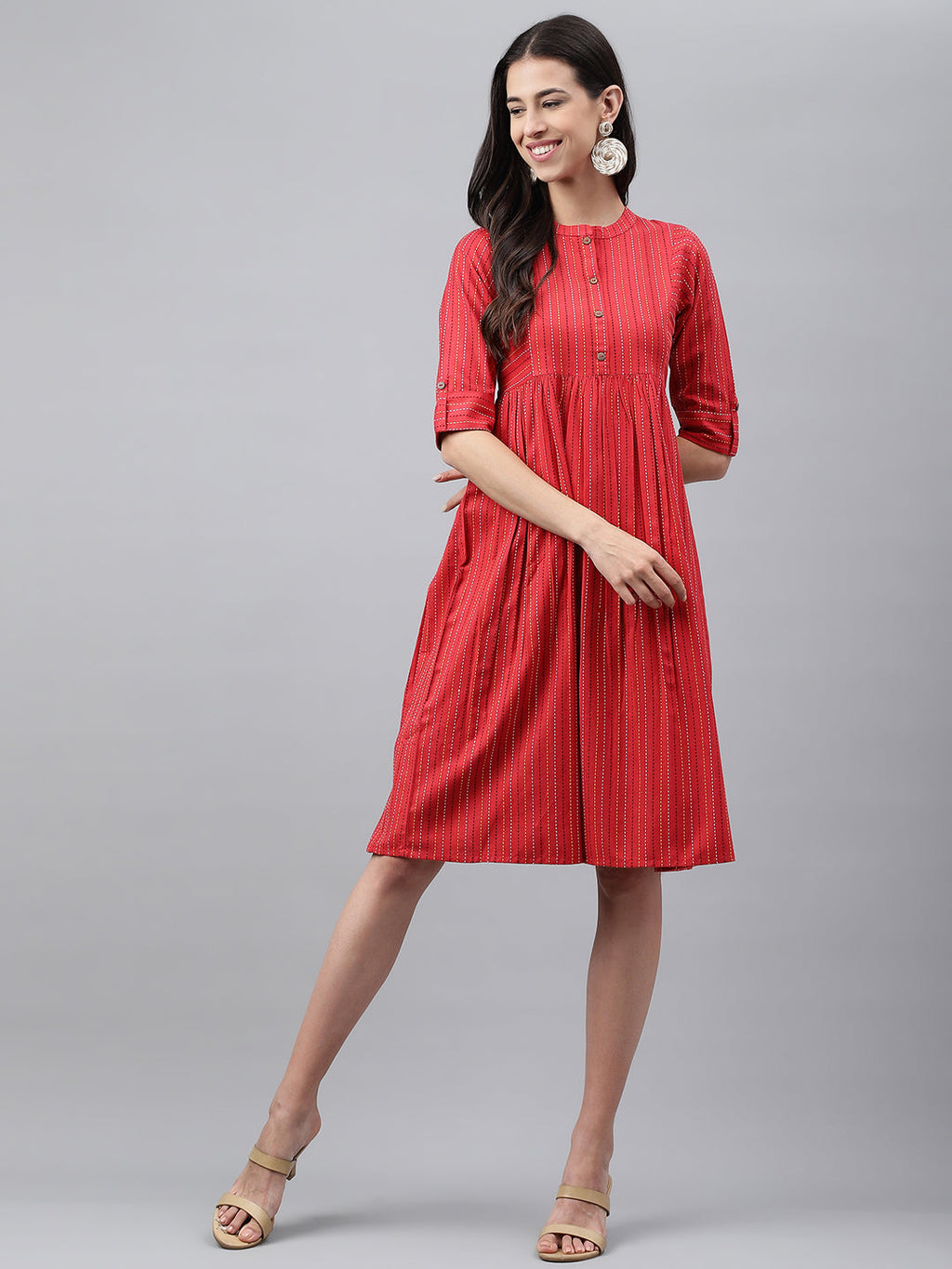 Janasya Women's Red Cotton Woven Design Flared Casual Dress