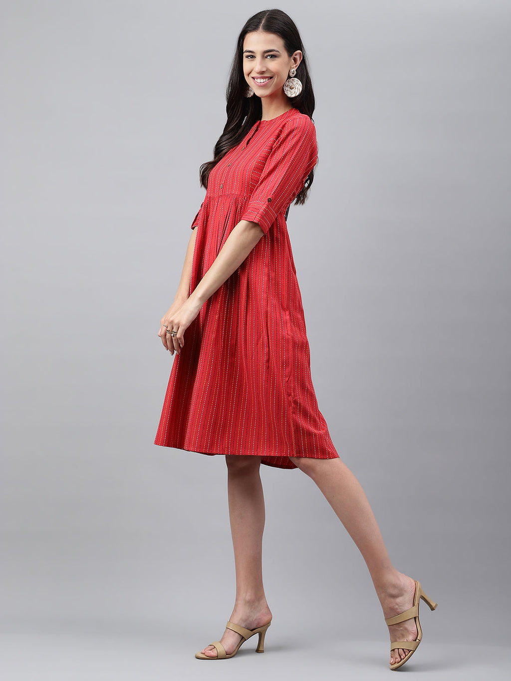 Janasya Women's Red Cotton Woven Design Flared Casual Dress