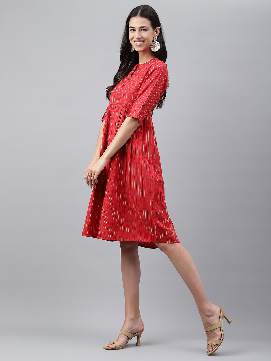 Janasya Women's Red Cotton Woven Design Flared Casual Dress