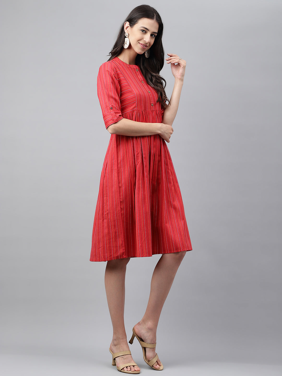Janasya Women's Red Cotton Woven Design Flared Casual Dress