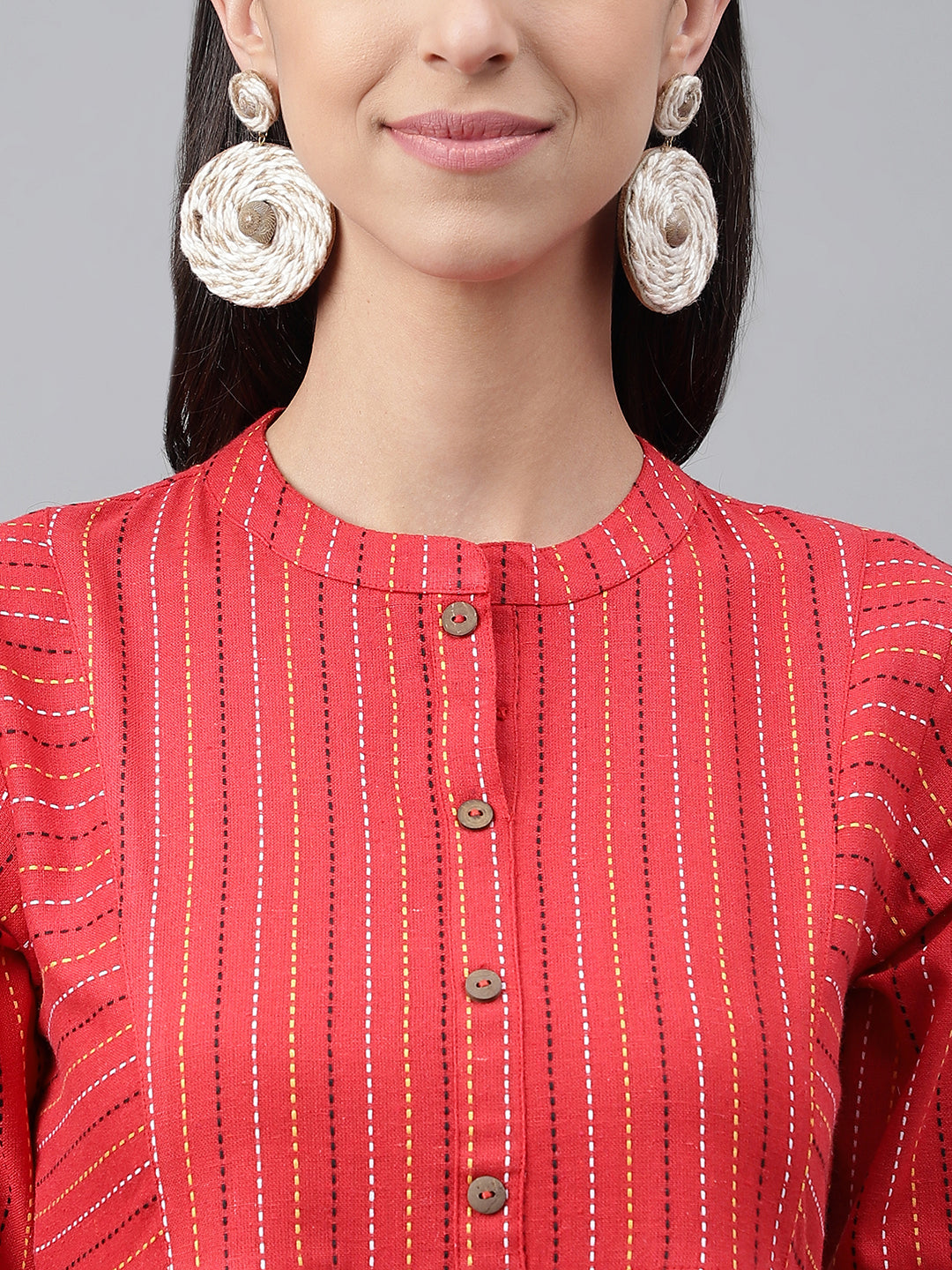 Janasya Women's Red Cotton Woven Design Flared Casual Dress
