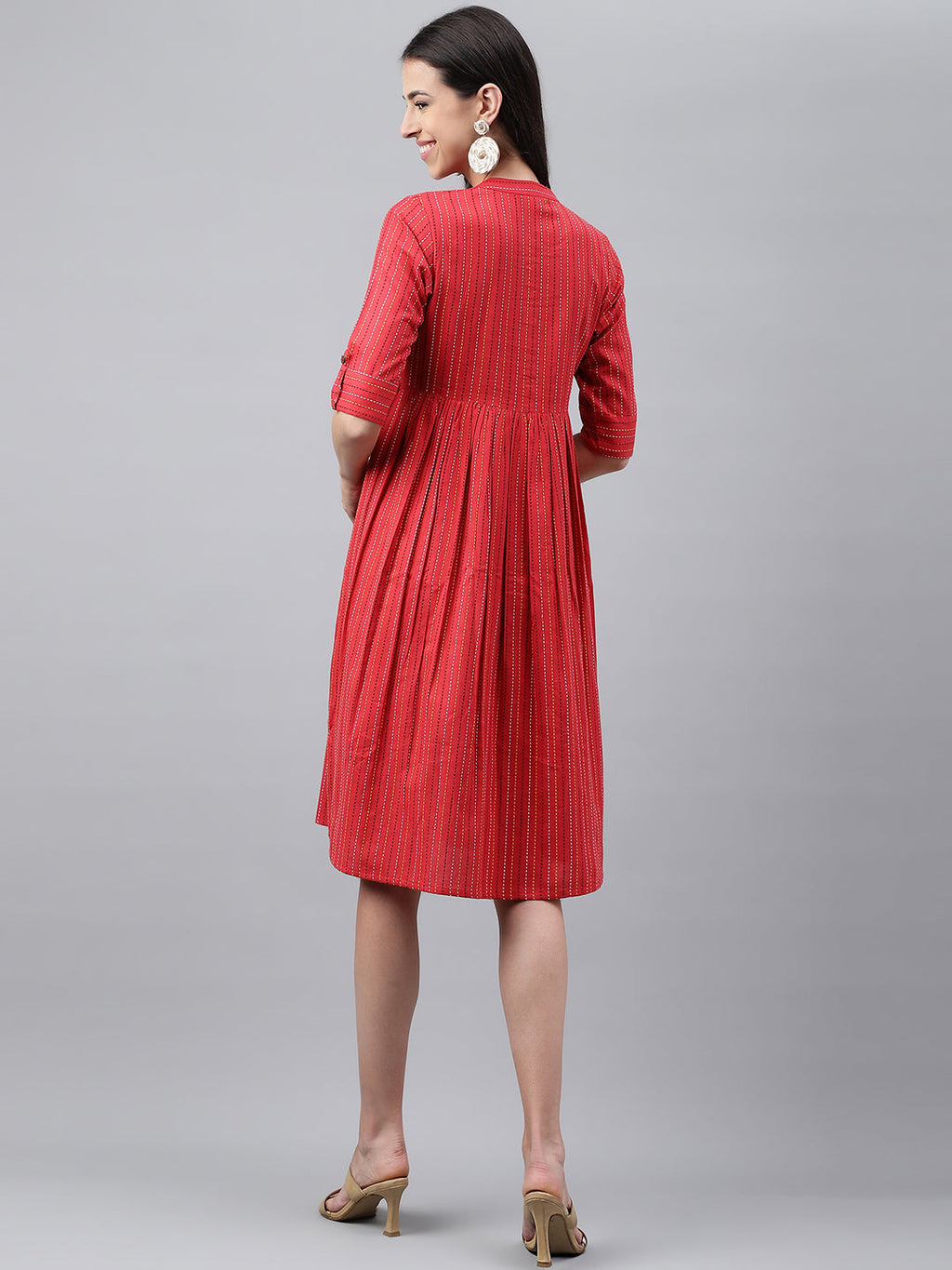 Janasya Women's Red Cotton Woven Design Flared Casual Dress