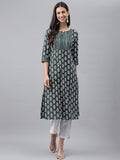 Janasya Women's Dark Green Cotton Ethnic Motifs Casual Straight Kurta