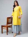 Janasya Women's Yellow Poly Silk Solid Festive Straight Kurta