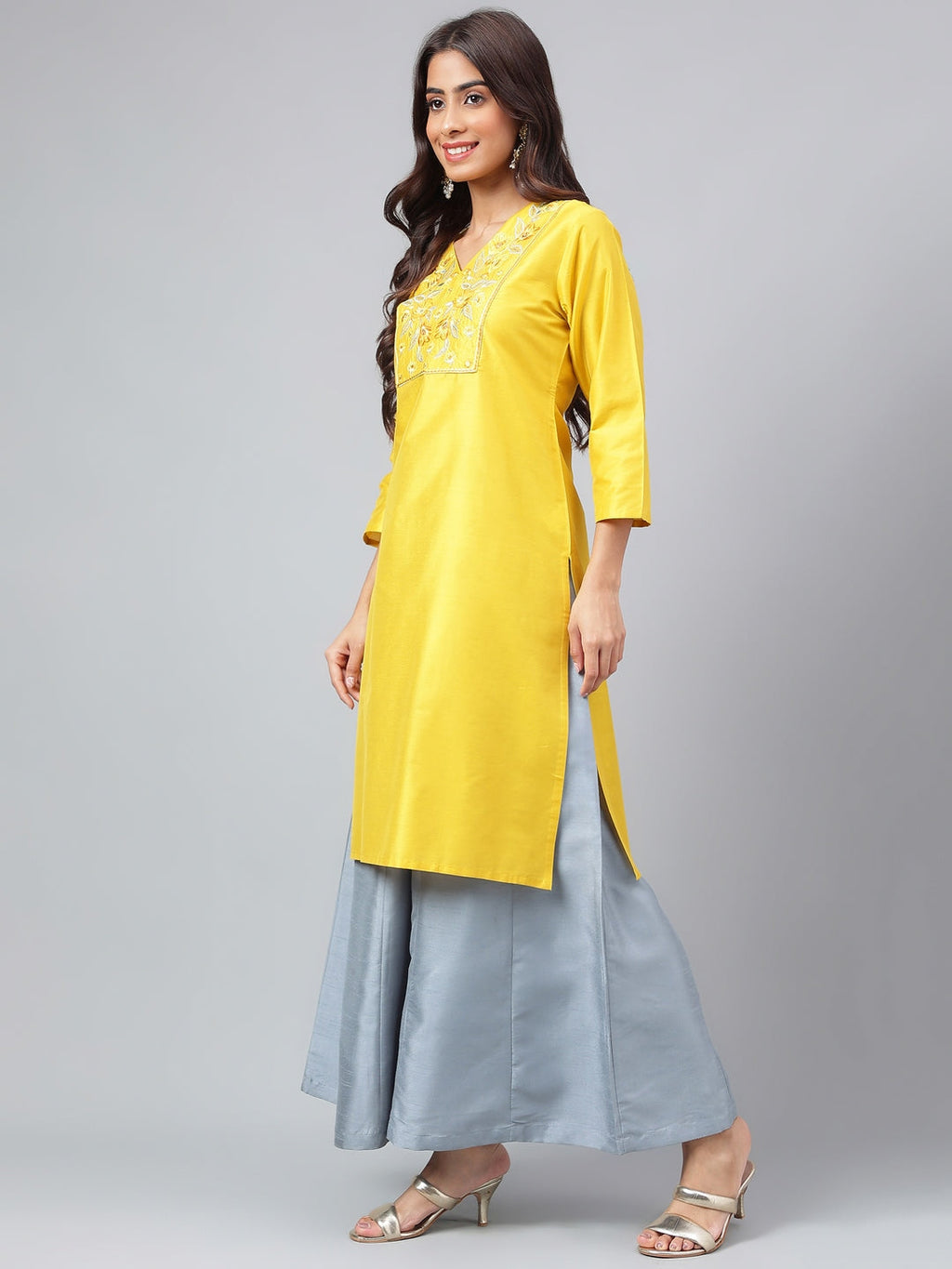 Janasya Women's Yellow Poly Silk Solid Festive Straight Kurta