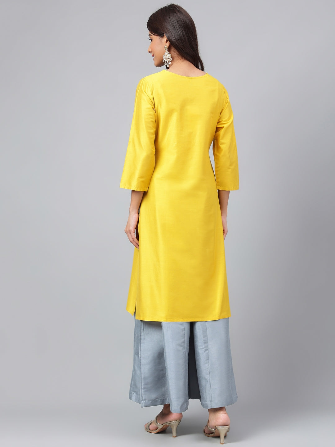 Janasya Women's Yellow Poly Silk Solid Festive Straight Kurta