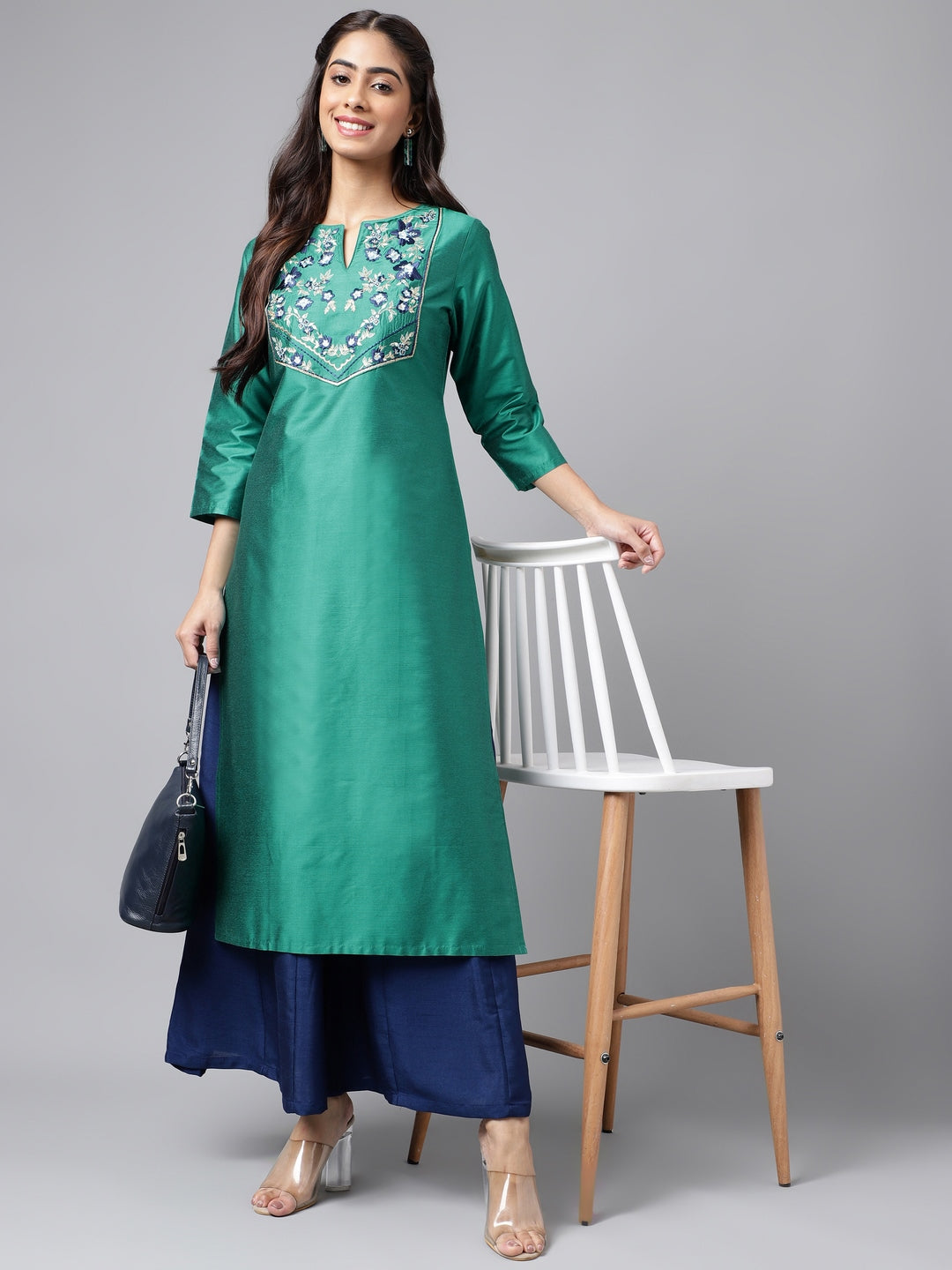 Janasya Women's Peacock Green Poly Silk Solid Festive Straight Kurta
