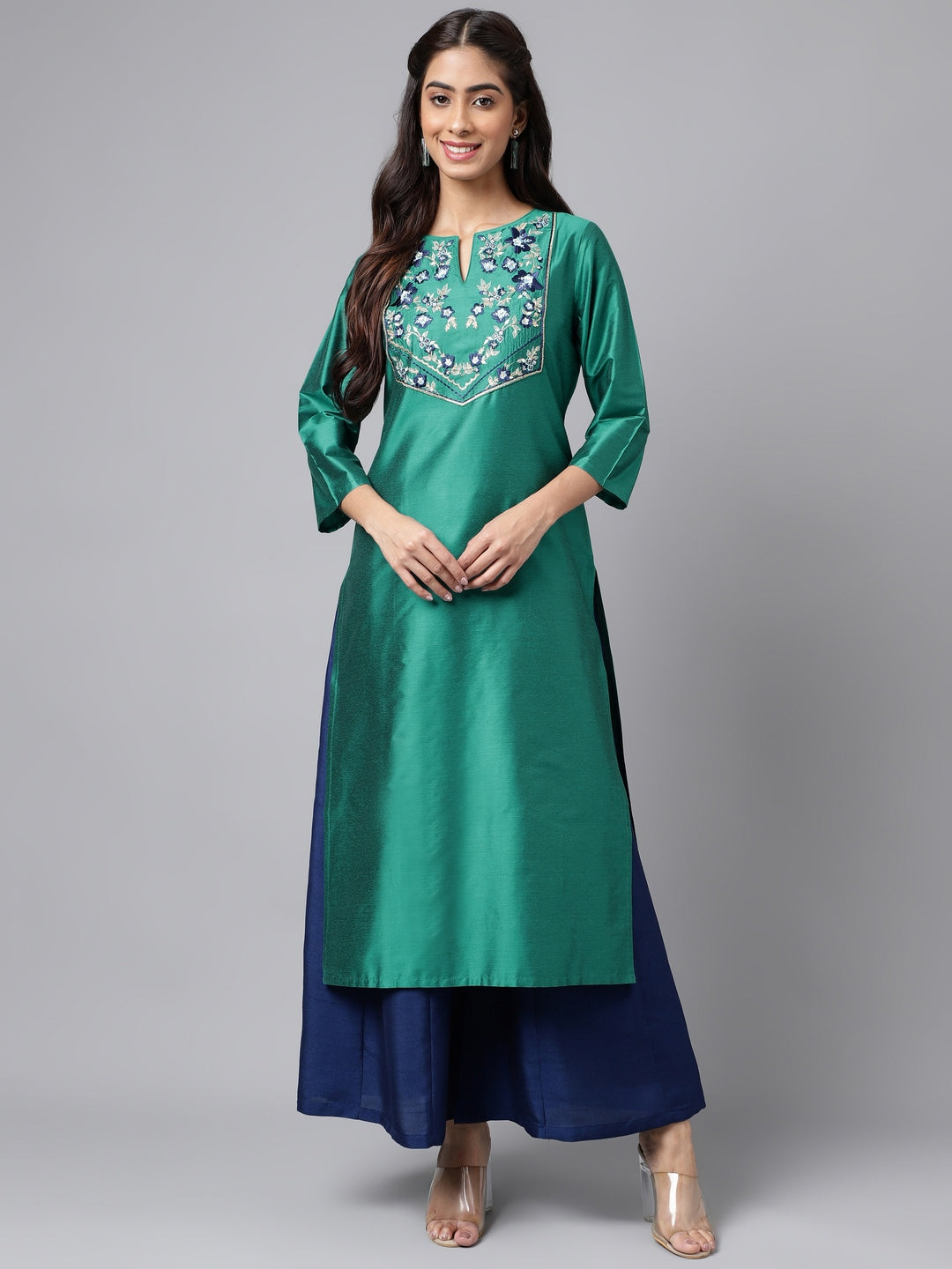 Janasya Women's Peacock Green Poly Silk Solid Festive Straight Kurta