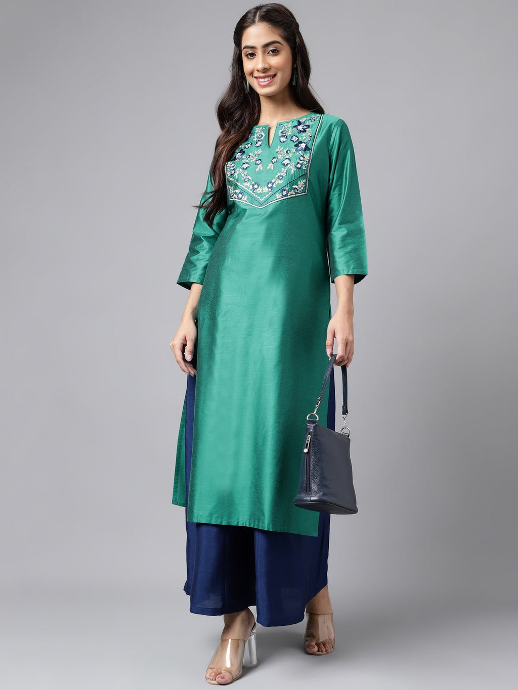 Janasya Women's Peacock Green Poly Silk Solid Festive Straight Kurta