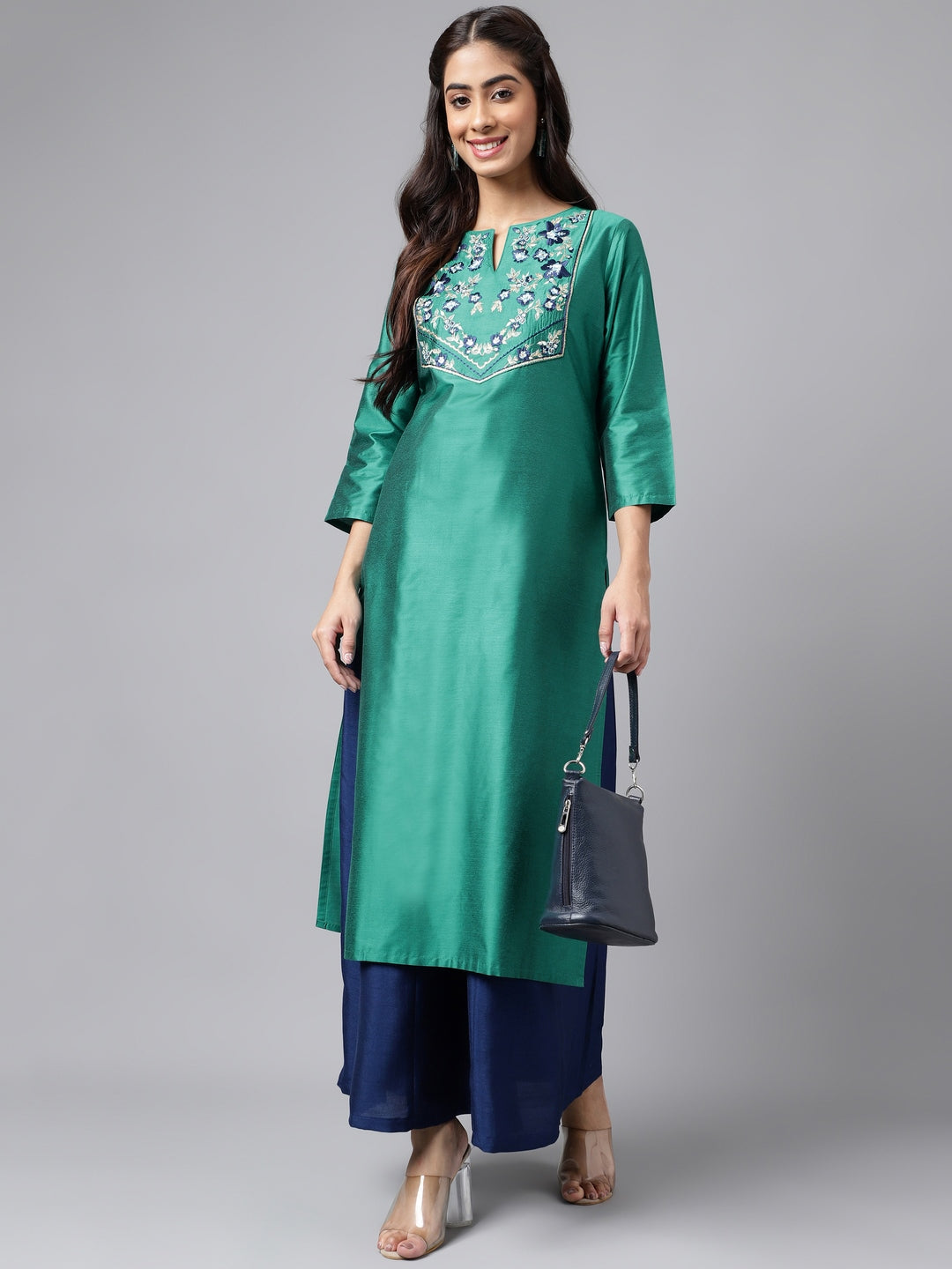 Janasya Women's Peacock Green Poly Silk Solid Festive Straight Kurta