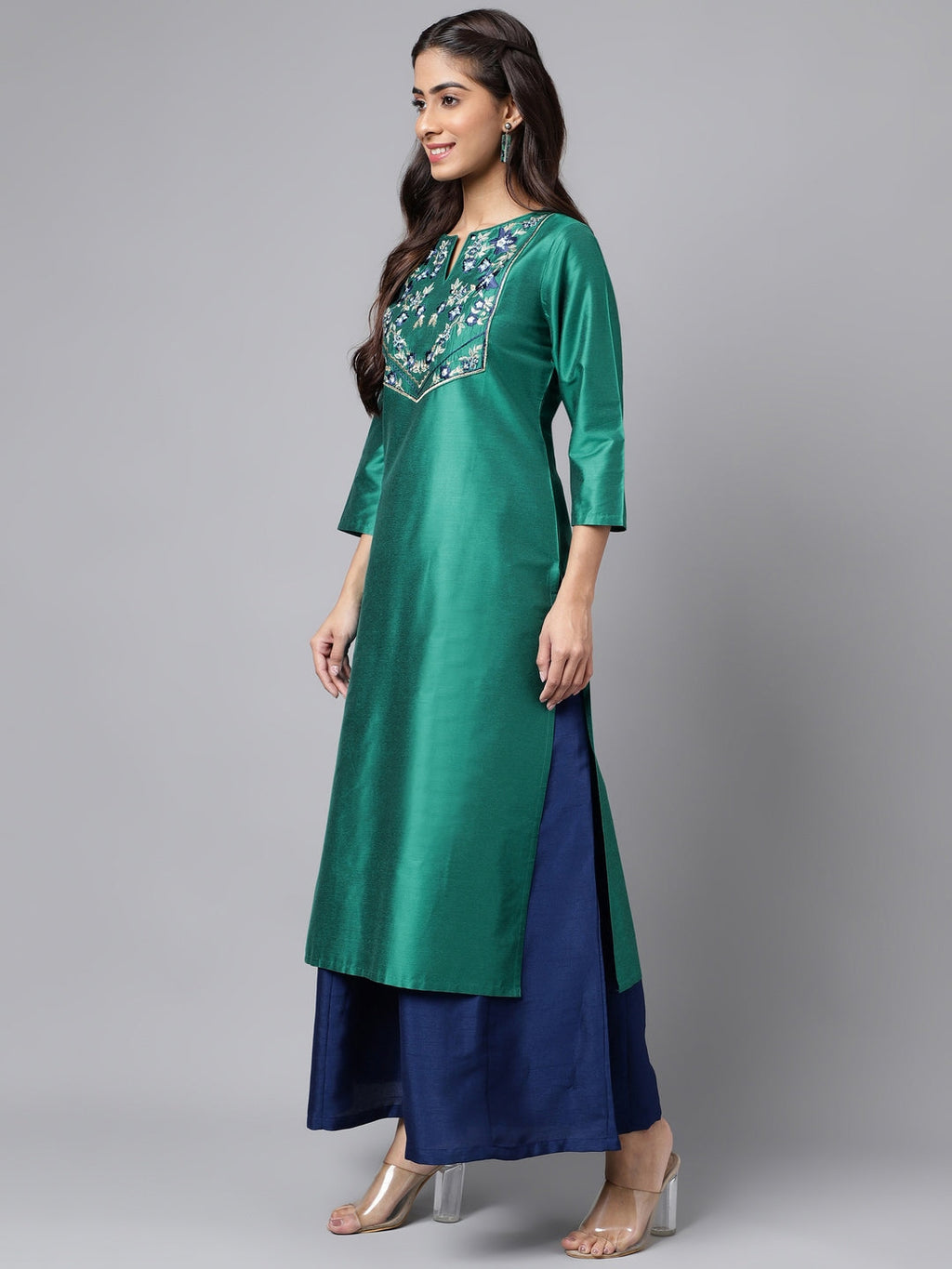 Janasya Women's Peacock Green Poly Silk Solid Festive Straight Kurta