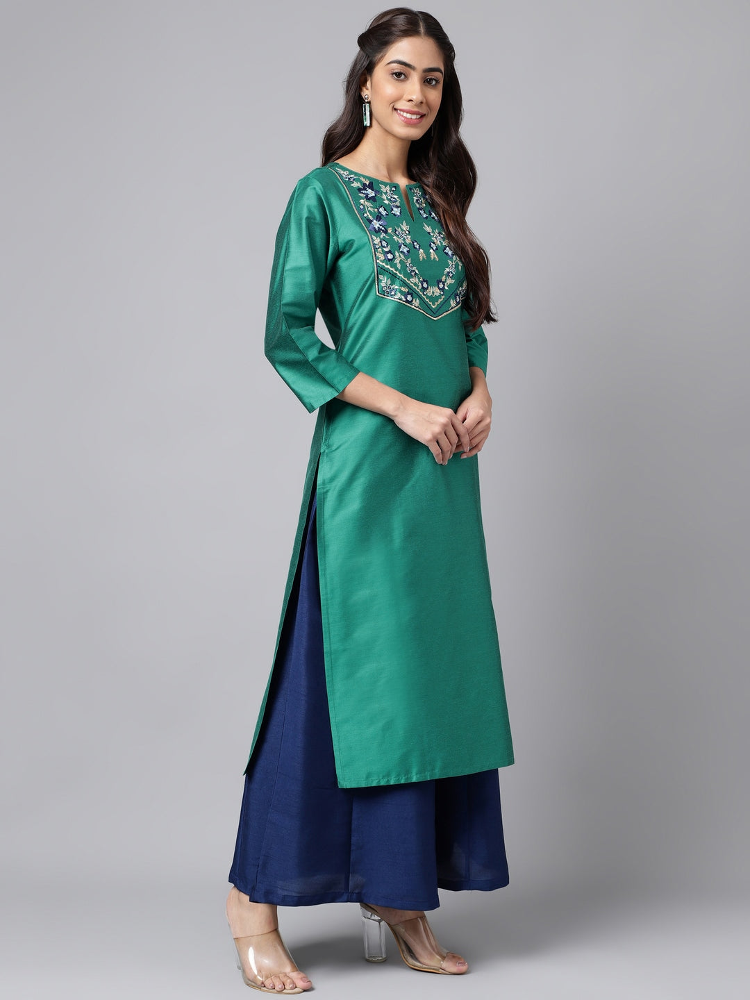 Janasya Women's Peacock Green Poly Silk Solid Festive Straight Kurta