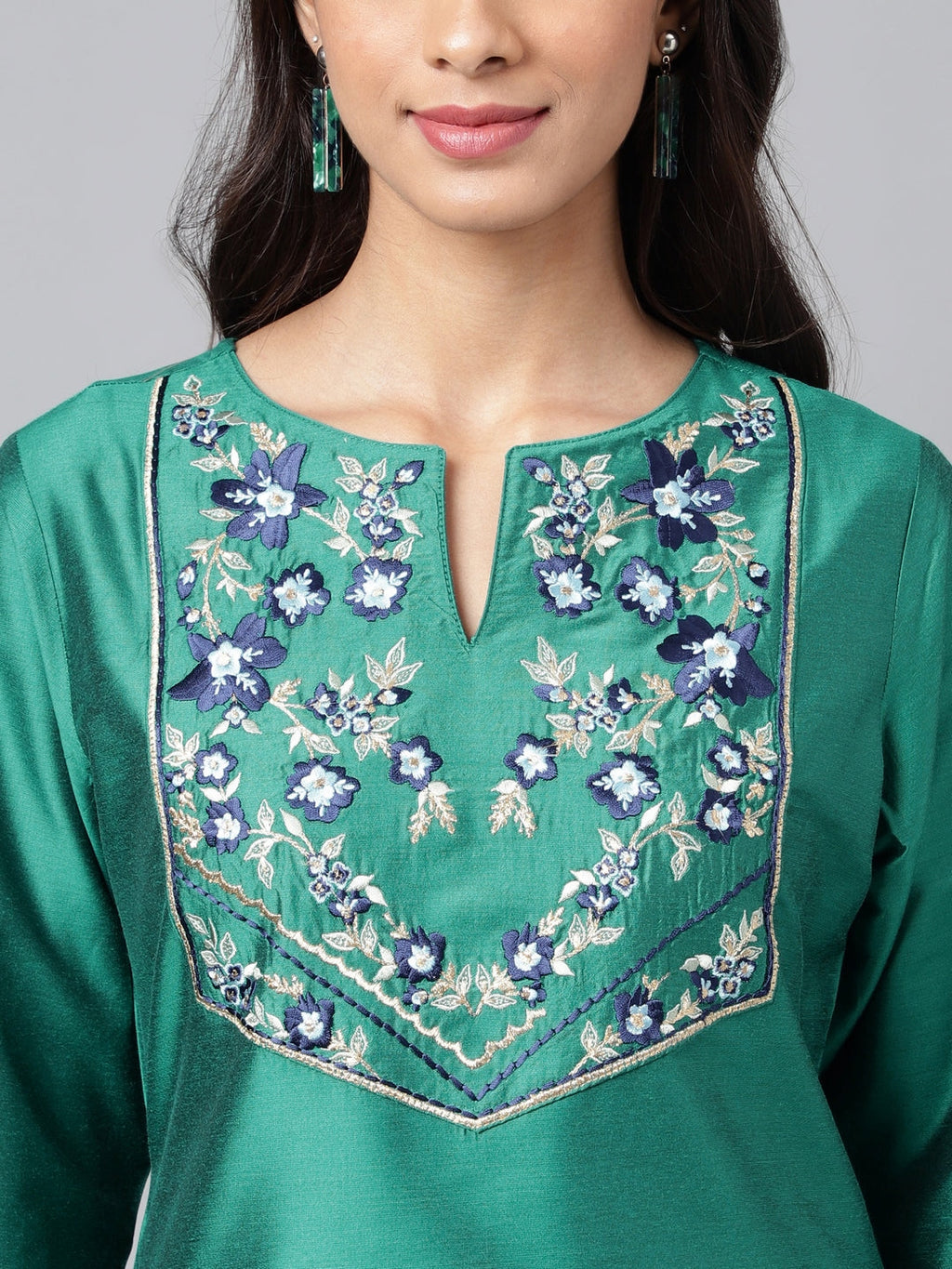Janasya Women's Peacock Green Poly Silk Solid Festive Straight Kurta