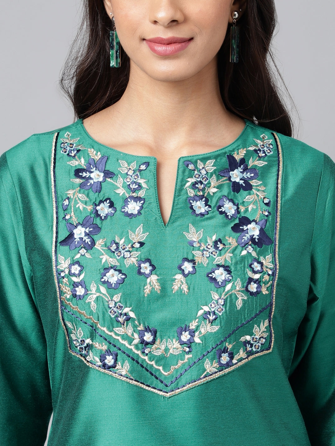 Janasya Women's Peacock Green Poly Silk Solid Festive Straight Kurta