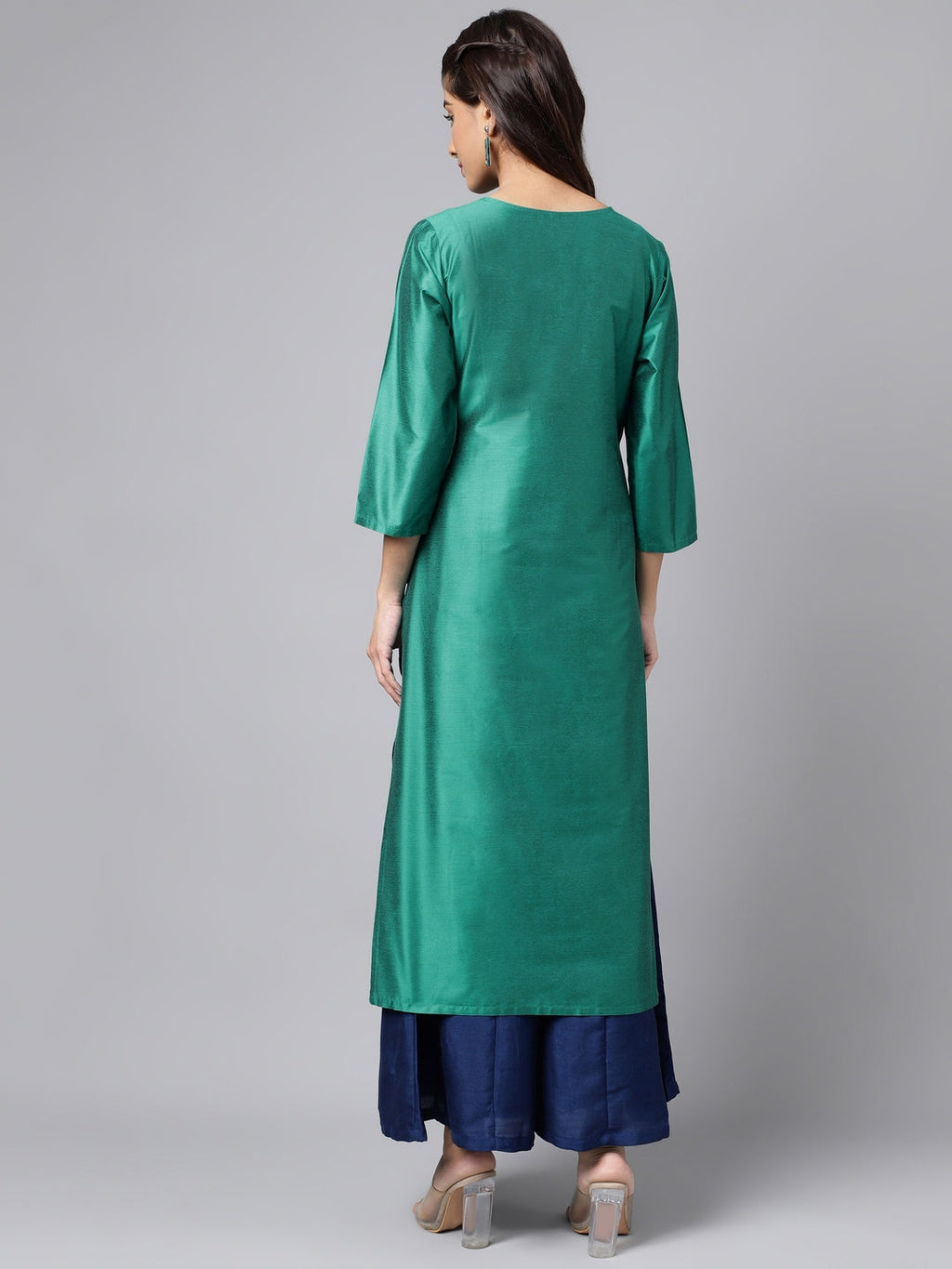 Janasya Women's Peacock Green Poly Silk Solid Festive Straight Kurta