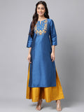 Janasya Women's Blue Poly Silk Solid Festive Straight Kurta