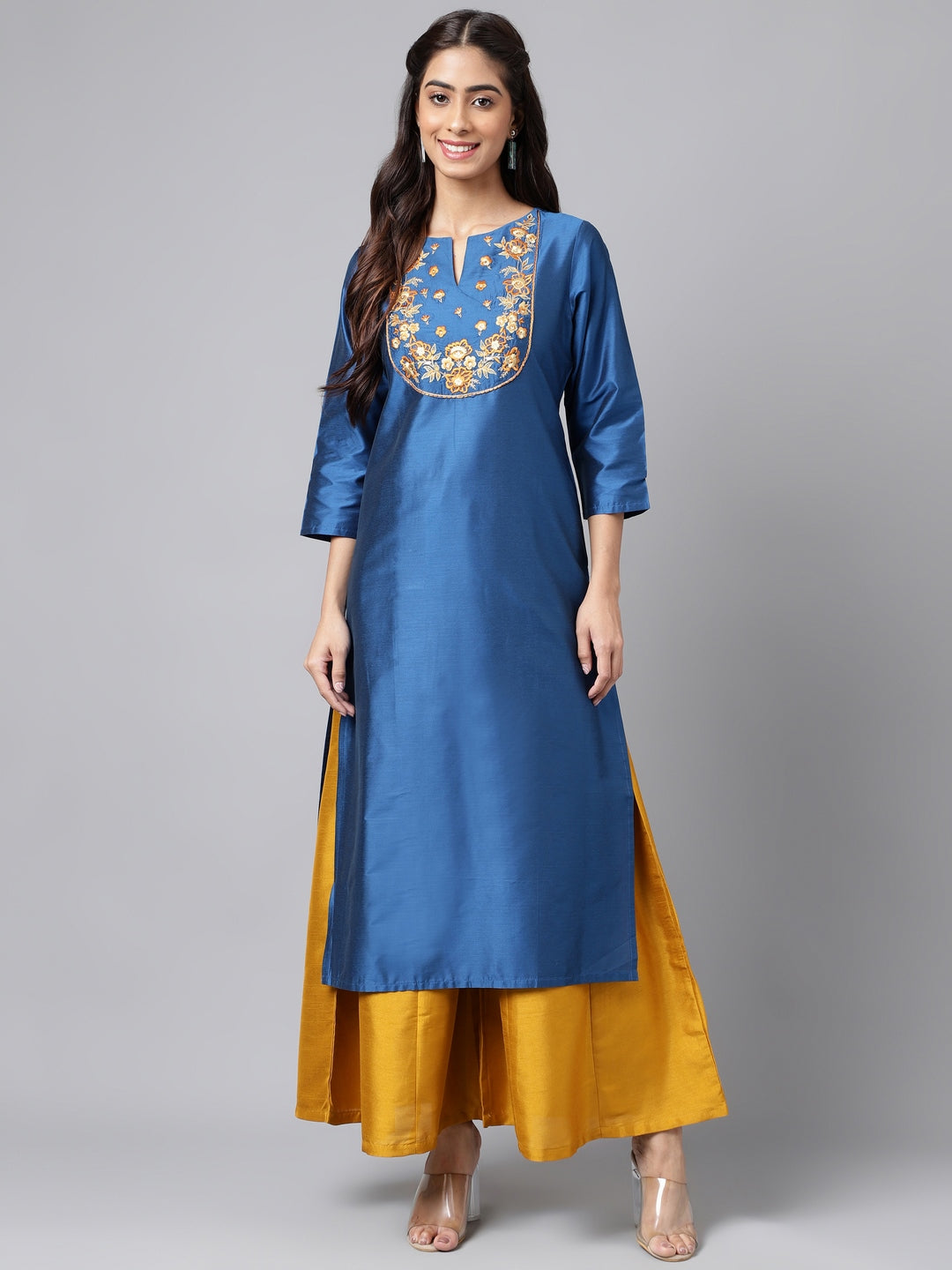 Janasya Women's Blue Poly Silk Solid Festive Straight Kurta