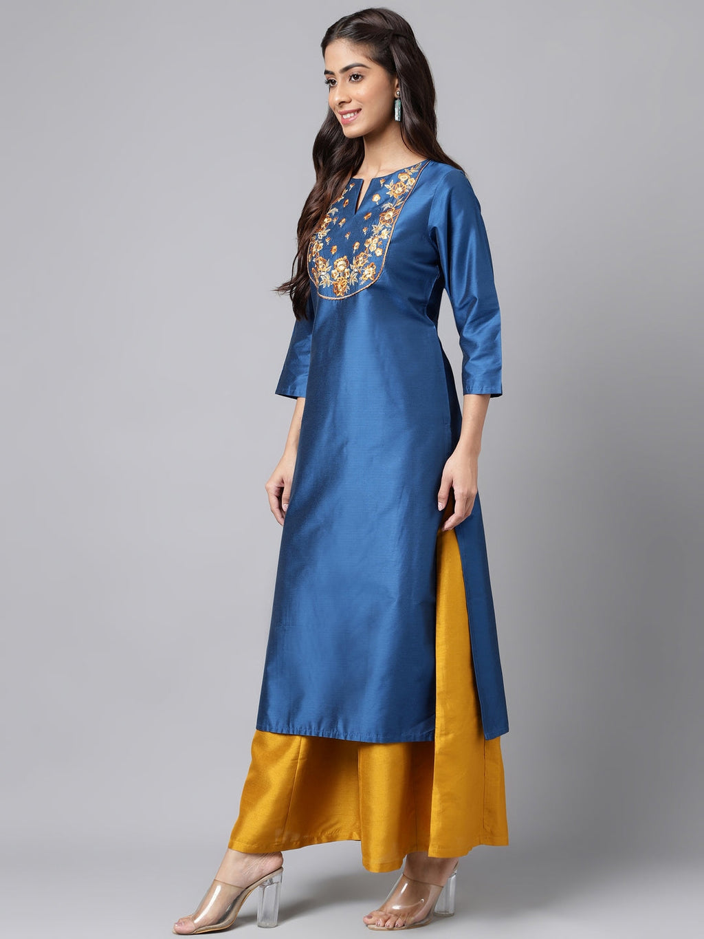 Janasya Women's Blue Poly Silk Solid Festive Straight Kurta