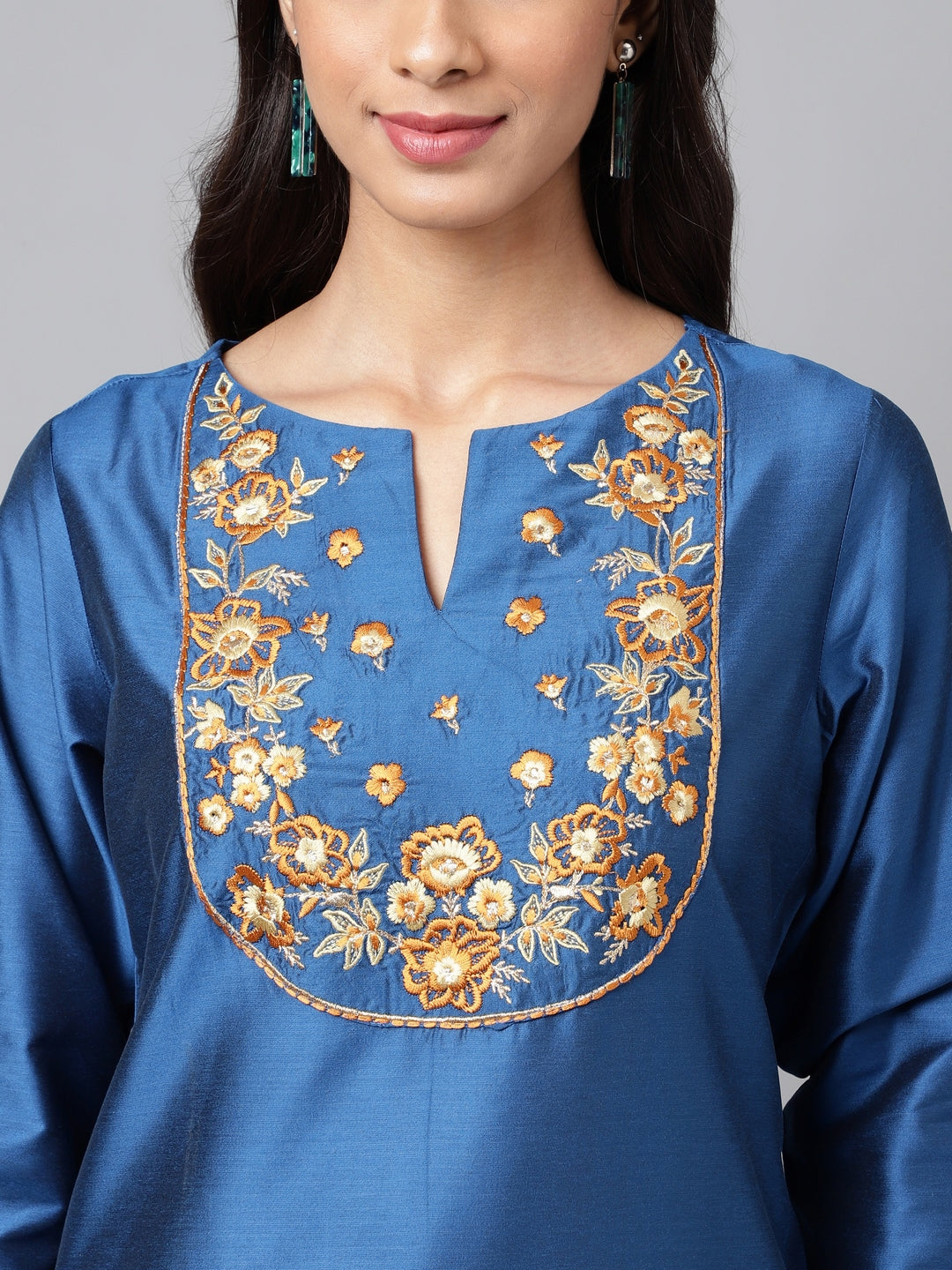 Janasya Women's Blue Poly Silk Solid Festive Straight Kurta