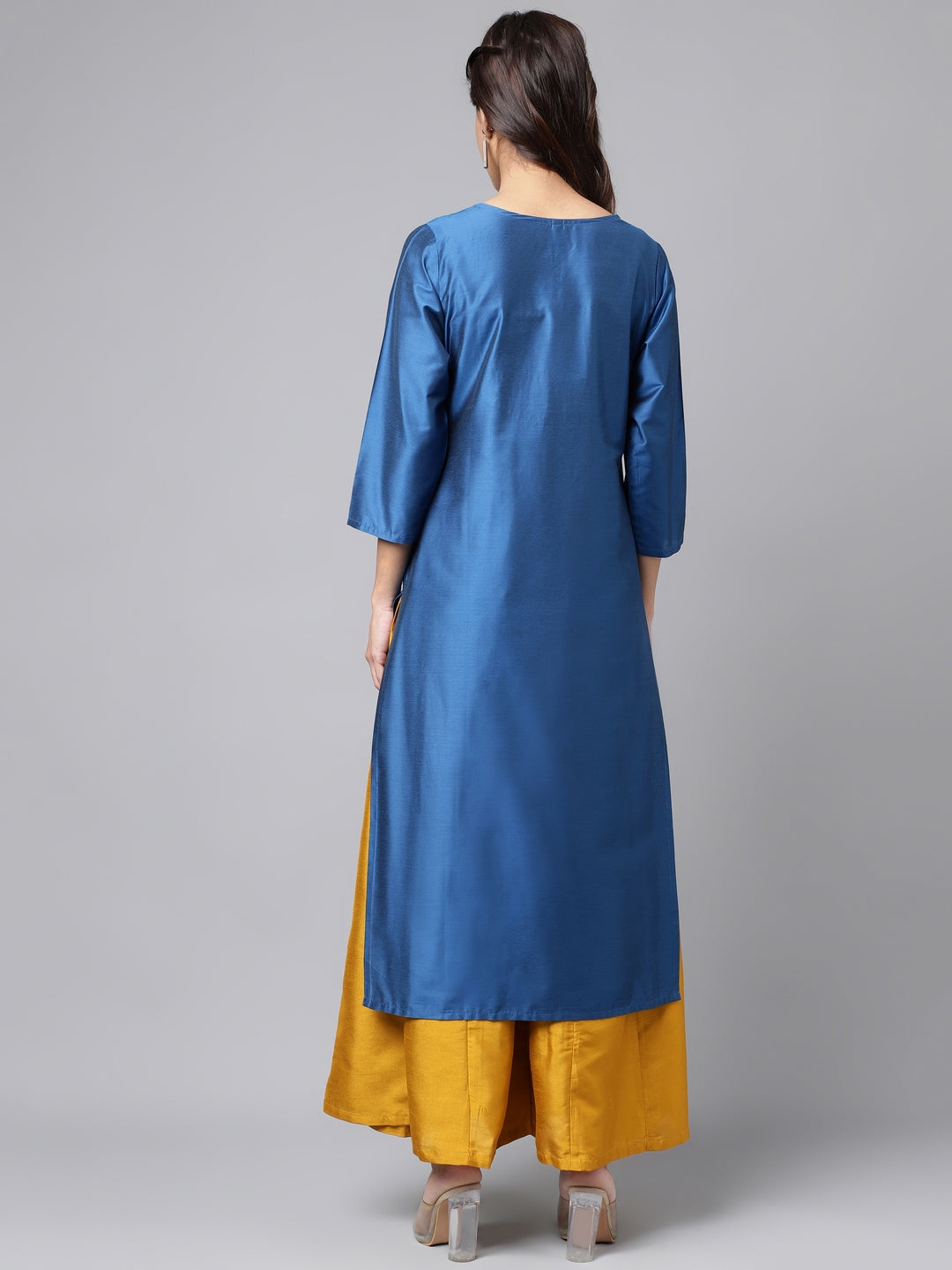 Janasya Women's Blue Poly Silk Solid Festive Straight Kurta