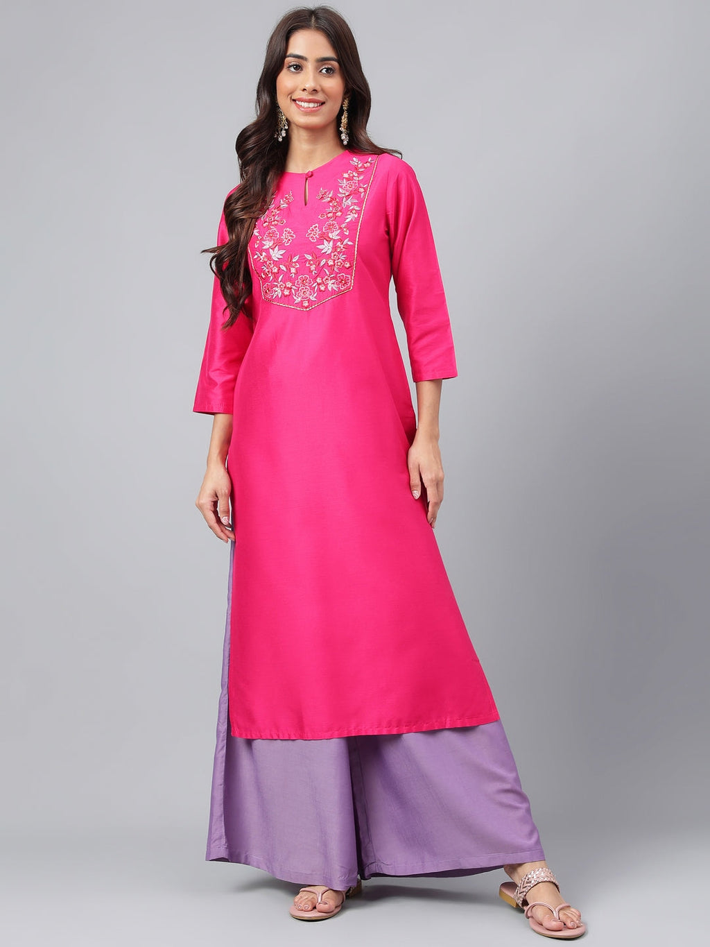 Janasya Women's Pink Poly Silk Solid Festive Straight Kurta