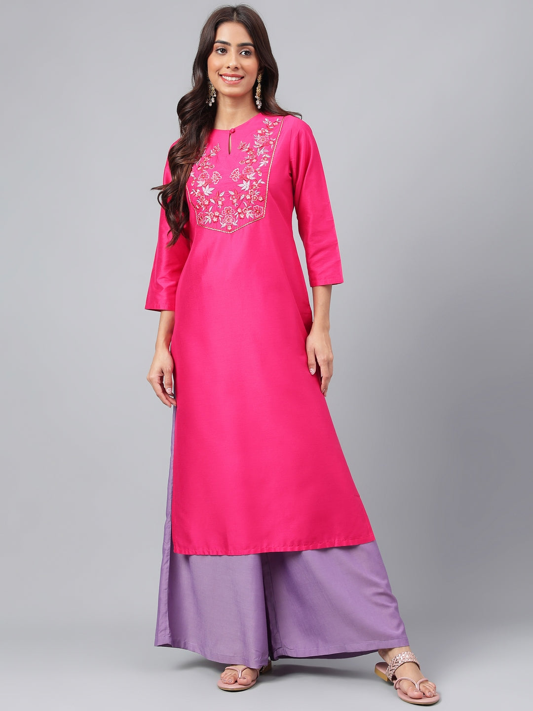 Janasya Women's Pink Poly Silk Solid Festive Straight Kurta
