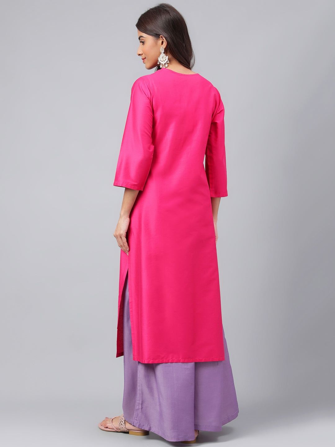 Janasya Women's Pink Poly Silk Solid Festive Straight Kurta