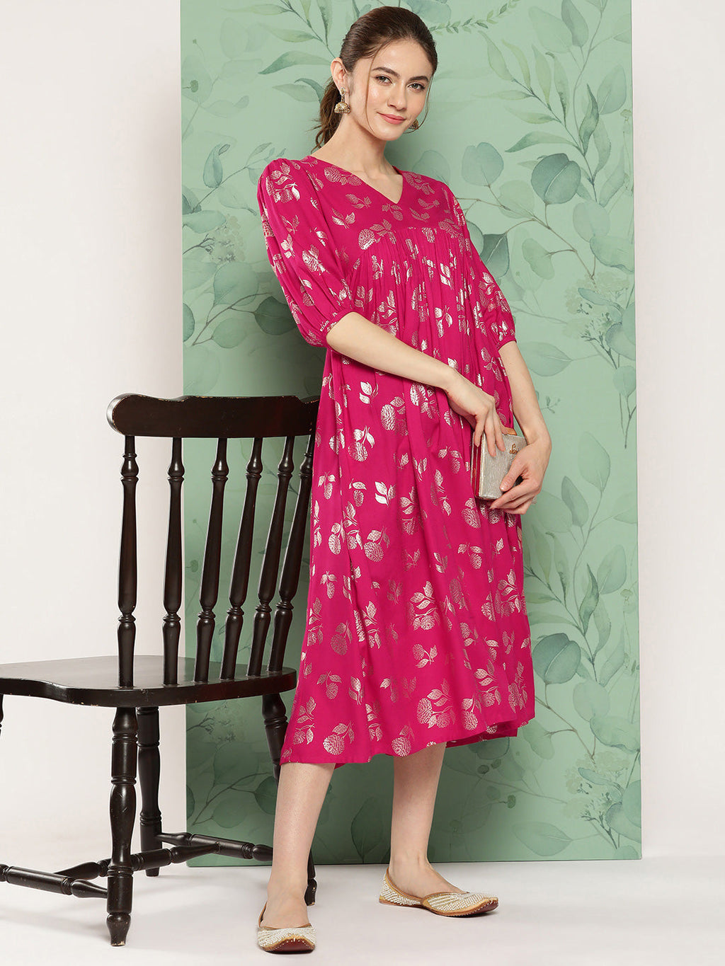 Janasya Women's Pink Rayon Foil Printed Festive Gathered Kurta