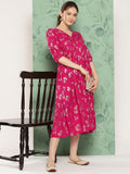 Janasya Women's Pink Rayon Foil Printed Festive Gathered Kurta