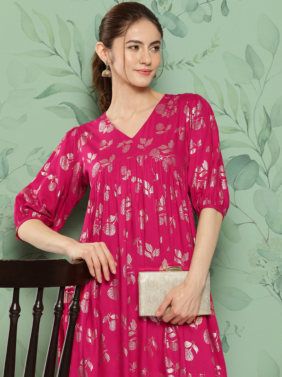 Janasya Women's Pink Rayon Foil Printed Festive Gathered Kurta