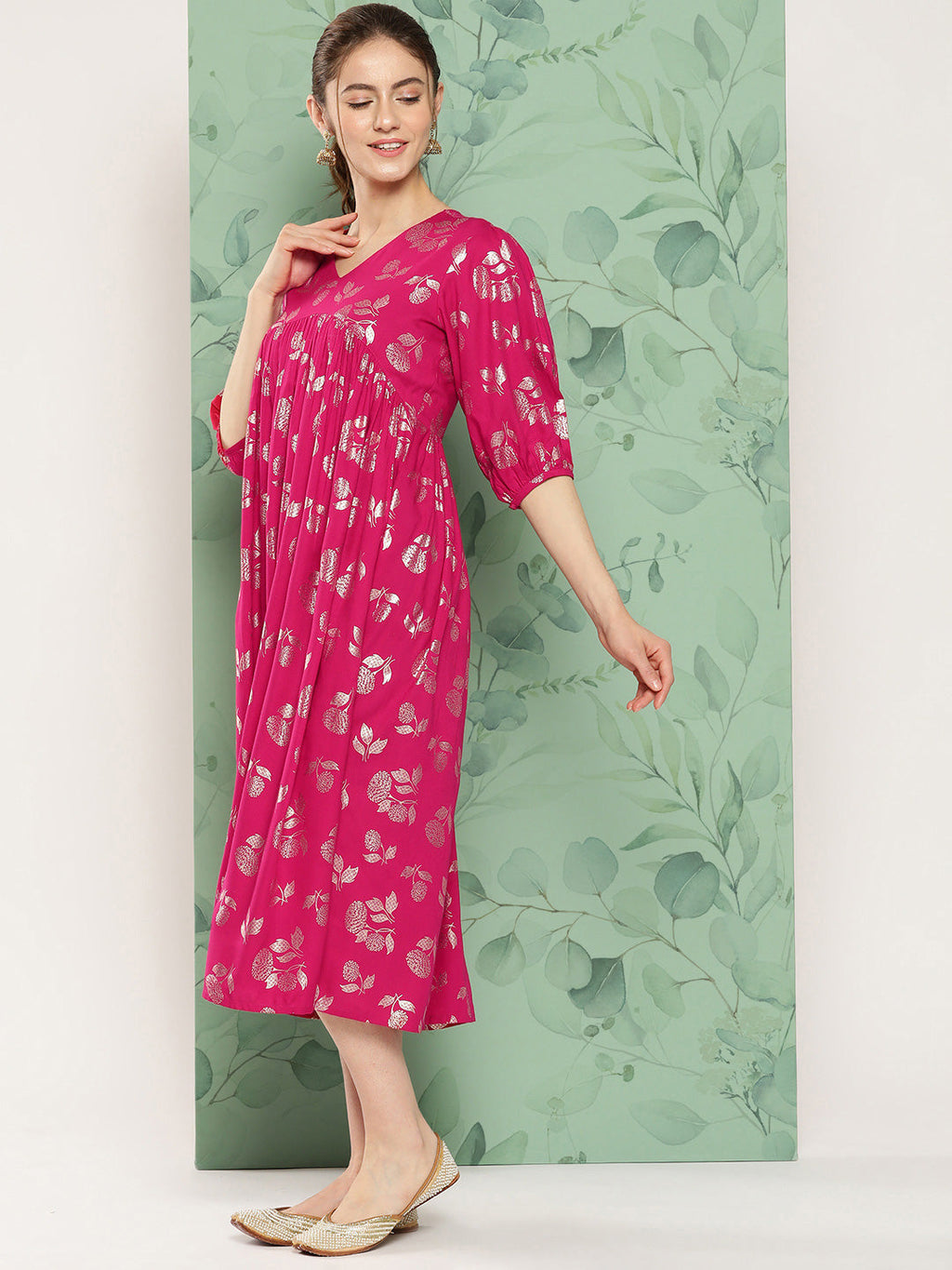 Janasya Women's Pink Rayon Foil Printed Festive Gathered Kurta