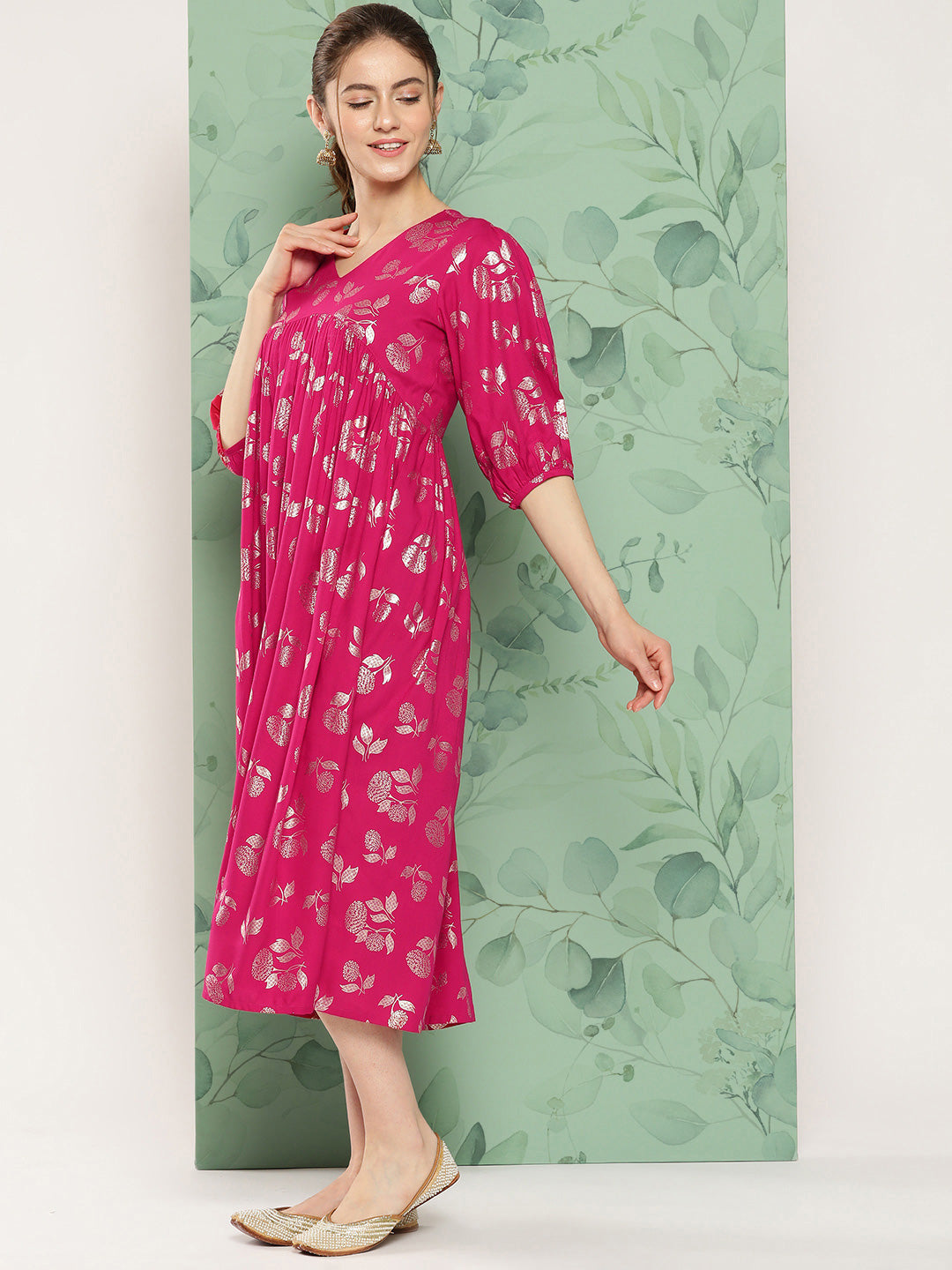 Janasya Women's Pink Rayon Foil Printed Festive Gathered Kurta